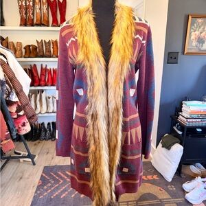 Tasha Polizzi Burgundy Patterned Cardigan with Faux Fur Trim